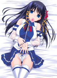 Rule 34 | 1girl, black hair, blue eyes, blue skirt, blush, bow, bow panties, clothes lift, condom, condom in mouth, condom wrapper, crossed legs, detached sleeves, hair ribbon, lace, lace-trimmed panties, lace trim, long hair, lying, miniskirt, mouth hold, on back, os-tan, panties, propositioning, ribbon, see-through, shirt, sitting, skirt, skirt lift, sleeve cuffs, sleeveless, sleeveless shirt, solo, takayaki, thigh gap, thighhighs, thighs, tress ribbon, underwear, upskirt, white thighhighs, xp-tan