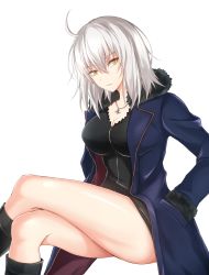 Rule 34 | 1girl, ahoge, black dress, black footwear, blue jacket, boots, breasts, cleavage, commentary request, crossed legs, dress, fate/grand order, fate (series), feet out of frame, fur-trimmed sleeves, fur trim, hair between eyes, hands in pockets, head tilt, highres, invisible chair, jacket, jeanne d&#039;arc (fate), jeanne d&#039;arc alter (fate), jeanne d&#039;arc alter (ver. shinjuku 1999) (fate), jewelry, knee boots, large breasts, long sleeves, looking at viewer, necklace, official alternate costume, open clothes, open jacket, short dress, short hair, silver hair, simple background, sitting, solo, thighs, watarase piro, white background, wicked dragon witch ver. shinjuku 1999, yellow eyes