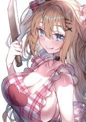 Rule 34 | 1girl, :p, akai haato, apron, black choker, blonde hair, blue eyes, blush, breasts, choker, cleavage, collarbone, commentary, hair between eyes, hair ornament, heart, heart hair ornament, heart print, holding, holding knife, hololive, knife, large breasts, long hair, looking at viewer, plaid, plaid apron, print apron, redcomet, sideboob, simple background, solo, tongue, tongue out, upper body, virtual youtuber, white background, x hair ornament