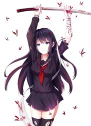 Rule 34 | arms up, asymmetrical sleeves, bandages, black hair, black serafuku, black skirt, black thighhighs, blood, blue eyes, borrowed character, breeze (wcf), bug, butterfly, closed mouth, collarbone, commentary request, cuts, hair ornament, hairclip, heart, highres, holding, holding weapon, injury, insect, katana, long hair, long sleeves, mismatched sleeves, original, pleated skirt, red neckwear, school uniform, serafuku, skindentation, skirt, solo, standing, sword, thighhighs, torn clothes, torn skirt, torn thighhighs, weapon, white background, zettai ryouiki