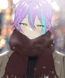 Rule 34 | 1boy, :3, black sweater, blue hair, blurry, blurry background, blush, brown jacket, brown scarf, closed mouth, earrings, hair between eyes, hk (wgyz7222), jacket, jewelry, kamishiro rui, lens flare, looking at viewer, male focus, multicolored hair, open clothes, open jacket, outdoors, project sekai, purple hair, ribbed sweater, scarf, short hair, sidelocks, smile, snowing, solo, streaked hair, stud earrings, sweater, upper body, yellow eyes