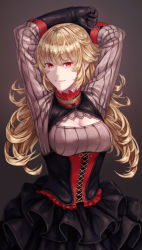 Rule 34 | 1girl, arms behind head, arms up, bad id, bad pixiv id, black background, black gloves, blonde hair, cleavage cutout, clothing cutout, corset, gloves, lips, long hair, mstm, original, red eyes, simple background, skirt, solo