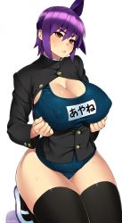 Rule 34 | 1girl, artist name, ayane (doa), black thighhighs, blush, breasts, cleavage, covered erect nipples, dead or alive, gakuran, headband, highres, huge breasts, lips, one-piece swimsuit, plump, purple hair, red eyes, school swimsuit, school uniform, short hair, simple background, solo, sweat, swimsuit, swimsuit under clothes, thighhighs, white background, zonda (solid air)