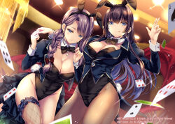 Rule 34 | 2girls, ace (playing card), alternate costume, animal ears, azur lane, black leotard, blue eyes, blue jacket, braid, breasts, brown hair, brown pantyhose, card, casino, cleavage, cowboy shot, croupier, curacoa (azur lane), curlew (azur lane), detached collar, dutch angle, fake animal ears, fake tail, fishnet thighhighs, fishnets, highleg, highleg leotard, highres, jacket, large breasts, leaning forward, leotard, leotard under clothes, long hair, looking at viewer, monety, multiple girls, official art, pantyhose, playboy bunny, playing card, purple hair, rabbit ears, rabbit tail, strapless, strapless leotard, tail, thighhighs, wrist cuffs