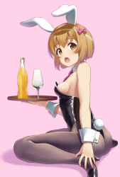 1girl :o alternate_costume animal_ear_hairband animal_ears ass black_footwear black_leotard black_pantyhose blush bottle bow_hairband breasts brown_hair fake_animal_ears fake_tail full_body hairband highres idolmaster idolmaster_cinderella_girls koga_koharu leotard looking_to_the_side pantyhose playboy_bunny rabbit_ear_hairband rabbit_ears rabbit_tail shiraha_(shiraha_0129) short_hair sideboob sitting small_breasts solo strapless strapless_leotard tail wariza wrist_cuffs