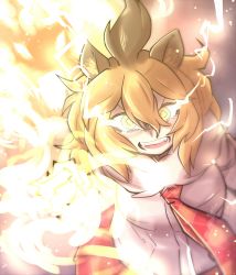 Rule 34 | 1girl, angry, animal ears, aura, energy, fang, fighting stance, fur collar, glowing, glowing eyes, gm (ggommu), highres, kemono friends, lion (kemono friends), lion ears, lion girl, lion tail, long hair, looking at viewer, plaid sleeves, plaid trim, solo, tail