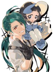 Rule 34 | 2girls, black gloves, black hair, black necktie, blunt bangs, bright pupils, carrying, collared shirt, commentary request, creatures (company), earrings, game freak, gloves, gotou (pixiv37128), green hair, grin, hands up, jewelry, long hair, long sleeves, looking at viewer, multiple girls, necktie, nintendo, orange eyes, pantyhose, pokemon, pokemon sv, ponytail, poppy (pokemon), rika (pokemon), shirt, shoes, simple background, smile, stud earrings, suspenders, v, white background, white pupils