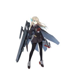 Rule 34 | 1girl, black pantyhose, blonde hair, blue eyes, breasts, cannon, cape, dress, expressionless, flight deck, full body, gloves, hair ornament, hair over one eye, hairband, holding, holding weapon, large breasts, lexington (cv-16) (warship girls r), long hair, looking at viewer, machinery, necktie, official art, pale skin, pantyhose, rudder footwear, shi-chen, short dress, solo, transparent background, turret, warship girls r, weapon, white gloves