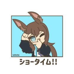 Rule 34 | 1girl, ;d, amiya (arknights), animal ear fluff, animal ears, arknights, arm up, artist name, black jacket, blue background, blue eyes, brown hair, commentary request, finger frame, hair between eyes, hand up, head tilt, jacket, kuhl-notes, long hair, long sleeves, low ponytail, one eye closed, open clothes, open jacket, open mouth, ponytail, puffy long sleeves, puffy sleeves, rabbit ears, shirt, signature, simple background, smile, solo, translation request, two-tone background, upper body, white background, white shirt