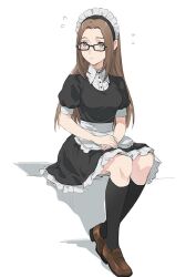 Rule 34 | 1girl, apron, black-framed eyewear, black dress, black socks, breasts, brown footwear, brown hair, closed mouth, commentary request, dress, flying sweatdrops, frilled hairband, frills, full body, fushimi chihiro, glasses, grey eyes, hairband, isa (peien516), long hair, looking to the side, maid, maid apron, maid headdress, medium breasts, own hands together, persona, persona 3, puffy short sleeves, puffy sleeves, short sleeves, sitting, socks, solo, white apron