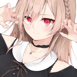 Rule 34 | 1girl, absurdres, bare shoulders, black shirt, blush, brown hair, brown ribbon, claw pose, closed mouth, clothing cutout, collarbone, collared shirt, commentary request, earrings, furen e lustario, hair between eyes, hands up, highres, hijouguti, jewelry, looking at viewer, nail polish, neck ribbon, nijisanji, pink nails, red eyes, ribbon, shirt, shoulder cutout, simple background, smile, solo, virtual youtuber, white background