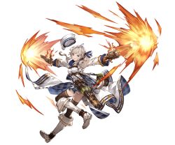 Rule 34 | 10s, 1girl, bag, belt, black thighhighs, blonde hair, blue eyes, boots, coat, cucouroux (granblue fantasy), female focus, full body, granblue fantasy, gun, hat, holding, holding weapon, knee boots, looking at viewer, minaba hideo, official art, open mouth, running, short hair, simple background, skirt, smile, solo, thighhighs, transparent background, weapon, white background, wide sleeves, zettai ryouiki