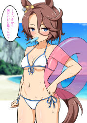 Rule 34 | 1girl, absurdres, animal ears, beach, bikini, blue eyes, blue sky, blurry, blurry background, breasts, brown hair, cleavage, cliff, cloud, commentary request, cowboy shot, day, food, front-tie top, highres, horse ears, horse girl, horse tail, innertube, looking at viewer, mouth hold, narita taishin (umamusume), outdoors, popsicle, ririsu082, short hair, side-tie bikini bottom, sky, small breasts, solo, swim ring, swimsuit, tail, translation request, umamusume, white bikini