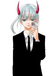 Rule 34 | 1girl, aqua hair, black necktie, black suit, blue eyes, blunt bangs, cosmos (tamura ryuuhei), formal, highres, holding, holding phone, homura rin (cosmos), horns, long hair, long sleeves, looking at viewer, necktie, non-web source, official art, phone, red horns, shirt, solo, suit, tamura ryuuhei, twintails, upper body, white background, white shirt