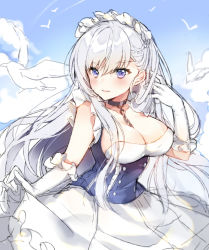 Rule 34 | 1girl, animal, apron, azur lane, belfast (azur lane), bird, black choker, black dress, blue sky, blush, braid, breasts, chain, choker, cleavage, cloud, collarbone, day, dress, elbow gloves, gloves, hair between eyes, large breasts, long hair, looking at viewer, maid, maid apron, maid headdress, outdoors, parted lips, pingo, purple eyes, silver hair, sketch, skirt hold, sky, solo, very long hair, white apron, white gloves