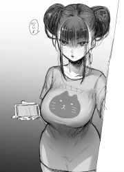 Rule 34 | 1girl, breasts, double bun, english text, gradient background, greyscale, hair bun, highres, holding, holding phone, japanese text, large breasts, mole, mole under eye, mole under mouth, monochrome, nemu (nora), open mouth, oversized clothes, oversized shirt, phone, shirt, solo, speech bubble, translated