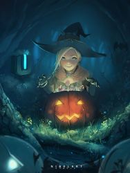 Rule 34 | 1girl, aged down, alternate costume, artist name, bangle, bastion (overwatch), bat (animal), blonde hair, blue eyes, bracelet, candy, capelet, child, earrings, elbow gloves, food, forest, gloves, glowing, halloween, halloween costume, hat, highres, jack-o&#039;-lantern, jack-o&#039;-lantern earrings, jewelry, jpeg artifacts, looking at viewer, mercy (overwatch), nature, nibelart, night, no wings, official alternate costume, overwatch, overwatch 1, robot, short sleeves, signature, smile, upper body, witch, witch hat, witch mercy