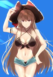 Rule 34 | 1girl, arm strap, artist request, azur lane, bad id, bad pixiv id, bikini, blue background, breasts, brown bikini, brown hat, criss-cross halter, cross-laced bikini, cross-laced clothes, cross-laced top, cutoff jeans, cutoffs, front-tie bikini top, front-tie top, hair between eyes, halterneck, hand on own hip, hat, highleg, highleg bikini, highres, jean bart (azur lane), jean bart (private apres midi) (azur lane), light brown hair, long hair, looking at viewer, medium breasts, micro shorts, pirate hat, red eyes, short shorts, shorts, solo, swimsuit, thighs, very long hair