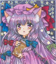 Rule 34 | 1girl, :o, animal ear fluff, animal ears, blue ribbon, blush, book, cat ears, crescent, crescent hat ornament, dress, hat, hat ornament, hat ribbon, holding, holding book, long hair, long sleeves, looking at viewer, marker (medium), mob cap, open mouth, patchouli knowledge, pink dress, pink hat, purple eyes, red ribbon, ribbon, ribbon-trimmed sleeves, ribbon trim, rui (sugar3), sample watermark, solo, star (symbol), striped clothes, striped dress, touhou, traditional media, vertical stripes, watermark, wide sleeves