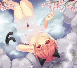 Rule 34 | 1girl, :3, animal ears, bathing, blush, breasts, cat ears, cat tail, cherry blossoms, kaenbyou rin, looking at viewer, looking up, minamura haruki, nude, onsen, partially submerged, petals, red eyes, red hair, small breasts, solo, steam, tail, touhou, water, wet