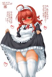Rule 34 | 1girl, ahoge, alternate costume, apron, arashi (kancolle), artist logo, black dress, blush, clothes lift, commentary request, dated, dress, dress lift, enmaided, frilled apron, frills, highres, kantai collection, kotowari (newtype kenkyuujo), maid, maid headdress, medium hair, nose blush, panties, red hair, solo, thighhighs, translation request, twitter username, underwear, white apron, white panties, white thighhighs, yellow eyes