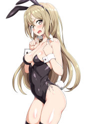 Rule 34 | 1girl, animal ears, black leotard, black neckwear, black thighhighs, breasts, brown eyes, detached collar, fake animal ears, highres, kotokawa akira, leotard, light brown hair, long hair, looking at viewer, one room, open mouth, playboy bunny, rabbit ears, rabbit tail, shin&#039;ya (shin&#039;yanchi), simple background, small breasts, solo, strapless, strapless leotard, tail, thighhighs, undressing, white background, wrist cuffs