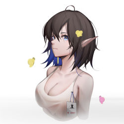 Rule 34 | 1girl, absurdres, ahoge, arknights, bare shoulders, black hair, blue eyes, blue hair, breasts, chinese commentary, cleavage, commentary request, cropped torso, eunectes (arknights), eunectes (forgemaster) (arknights), hair between eyes, highres, large breasts, looking at viewer, multicolored hair, official alternate costume, oldercat, partial commentary, pointy ears, short hair, solo, spaghetti strap, tank top, upper body, white background, white tank top
