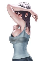 Rule 34 | 1girl, arm above head, arm up, black bra, black hair, blue tank top, bra, bra visible through clothes, breasts, closed eyes, large breasts, light blush, medium hair, original, sideboob, solo, sweat, sweaty clothes, tank top, tissue, tomiokasena, underwear, upper body, white background, wiping sweat