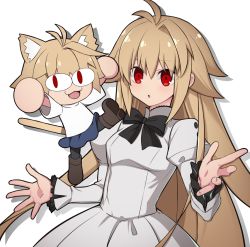 Rule 34 | 2girls, :3, :o, aged down, animal ears, antenna hair, arcueid brunestud, arms up, black bow, black pantyhose, blonde hair, blue skirt, blush, boots, bow, bowtie, brown footwear, buttons, cat ears, cat tail, commentary request, dress, frilled sleeves, frills, hair between eyes, highres, hirakawa, juliet sleeves, long hair, long sleeves, melty blood, melty blood: type lumina, miniskirt, multiple girls, neco-arc, pantyhose, puffy sleeves, red eyes, short hair, simple background, single hair intake, size difference, skirt, sweater, tail, tsukihime, tsukihime (remake), upper body, very long hair, white background, white dress, white sweater, wide sleeves