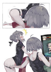 Rule 34 | 2girls, ^^^, ahoge, all fours, artoria pendragon (all), artoria pendragon (fate), ass, ass focus, ass shake, assisted exposure, bare shoulders, barefoot, black panties, blonde hair, blush, blush stickers, braid, club3, comic, controller, embarrassed, excalibur morgan (fate), fate/grand order, fate/stay night, fate (series), gameplay mechanics, hair ribbon, health bar, highres, holding, jeanne d&#039;arc (fate), jeanne d&#039;arc (ruler) (fate), jeanne d&#039;arc alter (avenger) (fate), jeanne d&#039;arc alter (fate), motion lines, multiple girls, no pants, open mouth, panties, panty pull, profile, ribbon, saber (fate), saber alter, short hair, simple background, surprised, television, underwear, wavy mouth, white background, yellow eyes