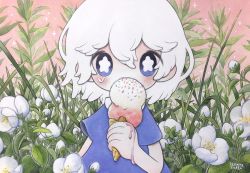 Rule 34 | 1girl, blue hair, blush, bright pupils, covered mouth, dated, double scoop, flower, food, hair between eyes, highres, ice cream, ice cream cone, leaf, medium hair, melting, original, plant, short sleeves, signature, solo, tears, upper body, white flower, white hair, white pupils, zukky000
