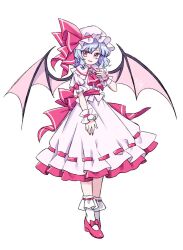Rule 34 | 1girl, ascot, bat wings, blue hair, bow, dress, frilled dress, frilled hat, frills, full body, hand up, hat, hat bow, high heels, looking at viewer, miy 001, mob cap, parted lips, pink ascot, pink bow, pink footwear, puffy short sleeves, puffy sleeves, red eyes, red nails, remilia scarlet, ribbon-trimmed dress, short hair, short sleeves, signature, simple background, solo, standing, tachi-e, touhou, white background, white dress, white hat, wings
