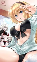 Rule 34 | 3girls, ahoge, bedroom, bikini, bikini top only, black bikini, black gloves, black jacket, blonde hair, blue eyes, blue jacket, blush, braid, breasts, capelet, choker, cleavage, commentary request, dated, elbow gloves, embarrassed, fate/grand order, fate (series), gloves, hair between eyes, hairband, headpiece, highres, hood, hooded jacket, indoors, jacket, jeanne d&#039;arc (fate), jeanne d&#039;arc (ruler) (fate), jeanne d&#039;arc (swimsuit archer) (fate), jeanne d&#039;arc (swimsuit archer) (first ascension) (fate), jeanne d&#039;arc alter (fate), jeanne d&#039;arc alter (swimsuit berserker) (fate), jeanne d&#039;arc alter santa lily (fate), large breasts, long hair, looking at viewer, midriff, multiple girls, o-ring, open mouth, pale skin, parted lips, pointing, ponytail, ribbon, rohgun, signature, silver hair, single braid, skindentation, standing, stomach, striped ribbon, swimsuit, thighs, unbuttoned, very long hair, wavy mouth, white capelet, yellow eyes