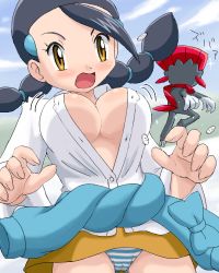 Rule 34 | 00s, 1girl, black hair, braid, breasts, brown eyes, bursting breasts, buttons, cameltoe, candice (pokemon), clothes around waist, covered erect nipples, creatures (company), game freak, gen 4 pokemon, gym leader, large breasts, lowres, multi-tied hair, nintendo, no bra, open clothes, open shirt, panties, pokemoa, pokemon, pokemon (creature), pokemon dppt, popped button, shirt, striped clothes, striped panties, sweater, sweater around waist, twin braids, underwear, wardrobe malfunction, weavile
