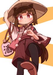 Rule 34 | 1girl, ajirogasa, alcohol, animal ears, bottle, brown hair, brown tail, closed mouth, commentary request, foot out of frame, from below, geta, hair tie, hand on headwear, hat, highres, jacket, japanese clothes, kimono, leg up, light blush, long sleeves, looking at viewer, obi, original, pantyhose, pom pom (clothes), red eyes, red shorts, sash, short hair, shorts, simple background, sleeveless, sleeveless jacket, solo, standing, tengu, white kimono, wide sleeves, yukinagi