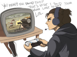 Rule 34 | 1boy, blood, brown hair, controller, disembodied head, dualsense, english text, eren yeager, game console, game controller, headset, highres, holding, holding controller, holding game controller, male focus, parody, playing games, playstation 5, playstation controller, ponytail, profanity, shingeki no kyojin, television, tina fate