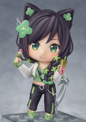 Rule 34 | 1girl, absurdres, animal ears, black hair, black pants, blouse, blush, braid, cat ears, character request, chibi, closed mouth, commission, crop top, dango, faux figurine, fingerless gloves, food, full body, gloves, green eyes, green footwear, green gloves, green shirt, highres, indie virtual youtuber, long sleeves, medium hair, nendoroid, pants, second-party source, shiori2525, shirt, shoes, single braid, smile, sneakers, solo, virtual youtuber, wagashi
