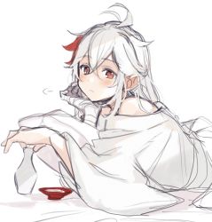 Rule 34 | 1boy, puff of air, antenna hair, bandaged hand, bandages, blush, cup, genshin impact, hair down, head rest, highres, holding, holding cup, jqpz 30, kaedehara kazuha, long hair, looking at viewer, lying, male focus, multicolored hair, on stomach, red eyes, red hair, sakazuki, simple background, solo, streaked hair, tokkuri, white background, white hair, wide sleeves