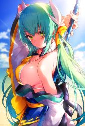Rule 34 | 1girl, aqua hair, arm up, bare shoulders, beach, bikini, blush, bow, breasts, cloud, day, detached collar, fate/grand order, fate (series), hair bow, highres, holding, holding weapon, horns, japanese clothes, kimono, kiyohime (fate), kiyohime (fate/grand order), kiyohime (swimsuit lancer) (fate), kiyohime (swimsuit lancer) (first ascension) (fate), large breasts, long hair, looking at viewer, mika pikazo, polearm, sky, solo, swimsuit, weapon, yellow bikini, yellow eyes