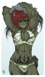Rule 34 | 1girl, abs, alexi (hushabye), arm behind head, arms up, black sclera, breasts, center opening, colored sclera, colored skin, cowboy shot, crop top, cropped legs, fangs, gradient background, green skin, hushabye, looking at viewer, monster girl, multicolored hair, muscular, orange eyes, red hair, short hair, solo, tattoo, two-tone hair