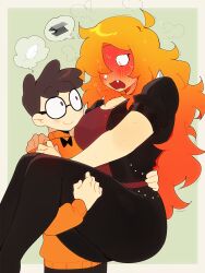 Rule 34 | 1boy, 1girl, ass, black bow, black bowtie, black jacket, black pants, blush, bow, bowtie, breasts, brown hair, carrying, closed mouth, commentary request, fang, firemauer, glasses, green background, hair over one eye, height difference, highres, jacket, large breasts, long hair, looking at another, nerd (nerd and jock), nerd and jock, one eye covered, open clothes, open jacket, open mouth, orange hair, orange sweater, pants, princess carry, red shirt, round eyewear, shirt, short hair, short sleeves, simple background, sweat, sweater, thighs, thought bubble, tiger (nerd and jock), very long hair