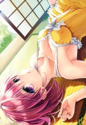 Rule 34 | 10s, 1girl, armpits, bare shoulders, breasts, cleavage, collarbone, detexted, dress, dutch angle, highres, looking at viewer, lying, momo velia deviluke, official art, on back, parted lips, pink hair, purple eyes, scan, short hair, sliding doors, solo, strap gap, tatami, third-party edit, to love-ru, to love-ru darkness, upside-down, yabuki kentarou