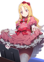 Rule 34 | &gt;:), &gt; &lt;, 10s, 1girl, blonde hair, blush, bow, breasts, brown eyes, closed eyes, clothes lift, computer, couch, dress, dress lift, drill hair, eromanga sensei, gluteal fold, hair bow, hairband, laptop, lifting own clothes, long hair, looking at viewer, monitor, no panties, parted bangs, pink dress, pointy ears, red bow, ririko (zhuoyandesailaer), small breasts, smile, solo, spoken blush, thighhighs, thighs, twin drills, v-shaped eyebrows, white thighhighs, yamada elf