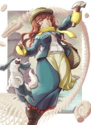 Rule 34 | 1girl, bag, brown hair, dog, eidenjyou1997, fate/grand order, fate (series), fossil, grin, hammer, hat, highres, long skirt, mary anning (fate), mittens, satchel, scarf, skeleton, skirt, slit pupils, smile, tongue, tongue out, yellow eyes