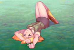 Rule 34 | 1girl, animal crossing, blonde hair, dated, field, full body, isabelle (animal crossing), looking at viewer, lying, mynare, nintendo, on back, on grass, on ground, personification, plantar flexion, skirt, smile, solo, topknot