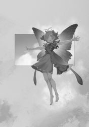 Rule 34 | 1girl, antennae, bare legs, barefoot, butterfly wings, dress, eternity larva, fairy, full body, greyscale, hair between eyes, insect wings, leaf, leaf on head, monochrome, open mouth, outstretched arms, short hair, single strap, smile, solo, spread arms, touhou, wings, yamamomo (plank)