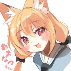 Rule 34 | 1girl, animal ear fluff, animal ears, black bow, black neckerchief, blue shirt, blush, bow, character name, collared shirt, commentary request, cropped shoulders, eyelashes, fang, fox ears, hair between eyes, hair bow, highres, long hair, looking at viewer, low twintails, neckerchief, open mouth, orange eyes, orange hair, original, sailor collar, sailor shirt, shiroino (shirayuki mutsuki), shirt, simple background, skin fang, smile, solo, twintails, white background, white sailor collar
