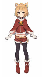 Rule 34 | 1girl, ahoge, animal ears, bell, belt, black neckwear, black pantyhose, boots, bow, brown eyes, capelet, dog ears, dog girl, dog tail, full body, fur-trimmed boots, fur-trimmed capelet, fur-trimmed shirt, fur-trimmed shorts, fur trim, gloves, highres, light brown hair, looking at viewer, medium hair, midriff, navel, original, pantyhose, pantyhose under shorts, pom pom (clothes), red capelet, red footwear, red shirt, red shorts, santa costume, shiba inu, shirt, shone, short shorts, shorts, simple background, solo, tail, white background, white gloves