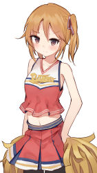 Rule 34 | 1girl, bare shoulders, blush, brown eyes, brown hair, clothes writing, frown, hair ribbon, highres, idolmaster, idolmaster cinderella girls, looking at viewer, midriff, one side up, pleated skirt, pom pom (cheerleading), ribbon, shone, simple background, skirt, sleeveless, solo, white background, yuuki haru