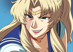 Rule 34 | 1girl, balalaika (black lagoon), bishoujo senshi sailor moon, black lagoon, blonde hair, blue sailor collar, burn scar, choker, circlet, commentary, cosplay, derivative work, evil grin, evil smile, green eyes, grin, highres, max manster, meme, portrait, red choker, sailor collar, sailor moon, sailor moon (cosplay), sailor moon redraw challenge (meme), scar, scar on face, screenshot redraw, smile, solo, v-shaped eyebrows